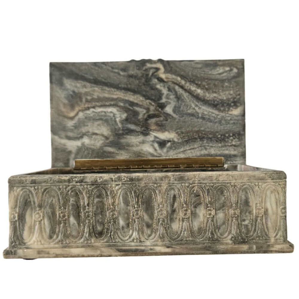 1975 Incolay Stone Handcrafted Carved Hinged Box Men In  Pub Scene Trinket Box